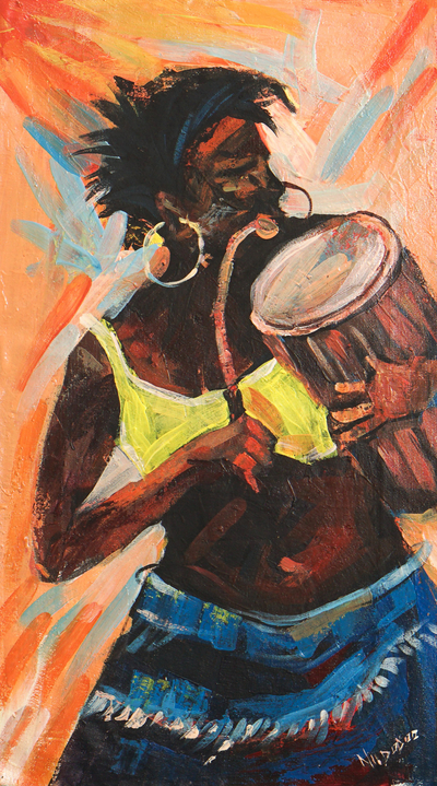'Sounds II' - Pintura impresionista cálida de un baterista de Ghana