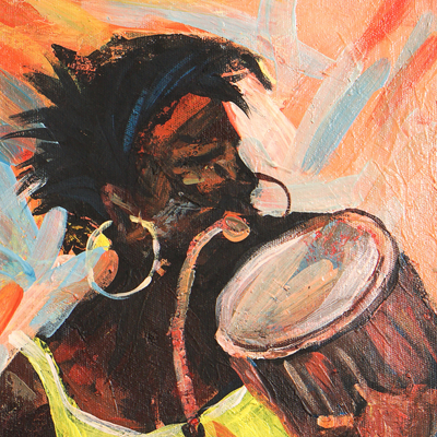 'Sounds II' - Pintura impresionista cálida de un baterista de Ghana