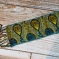 Cotton scarf, 'Turquoise Queen' - Handwoven Printed Cotton Scarf in Yellow and Turquoise Hues