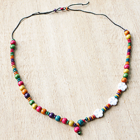 Eco-friendly beaded necklace, 'Rainbow Petals' - Sese Wood and Recycled Plastic Beaded Necklace with Flowers