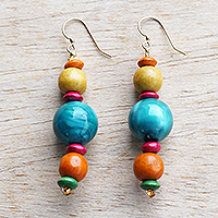 Eco-friendly beaded dangle earrings, 'Environment Festival' - Colorful Wood and Recycled Plastic Beaded Dangle Earrings