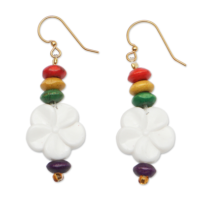 Eco-friendly beaded dangle earrings, 'Rainbow Petals' - Floral Wood and Recycled Plastic Beaded Dangle Earrings