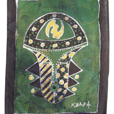 Batik wall hanging, 'Ghanaian Symbol' - Handmade Batik Wall Hanging with Gye Nyame Symbol on A Mask