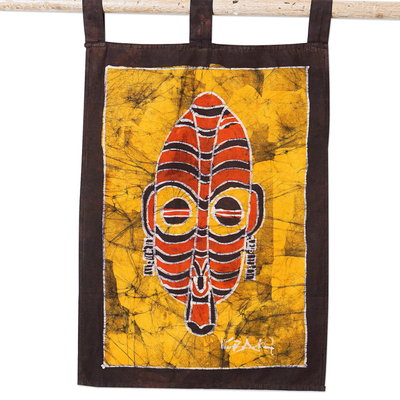 Cotton wall hanging, 'Patapaa' - Yellow African Mask Cotton Wall Hanging from Ghana
