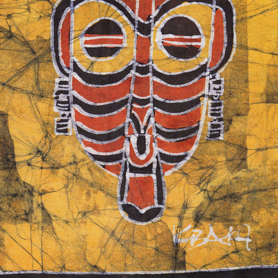 Wandbehang aus Baumwolle, 'Patapaa' - Wandbehang aus gelber afrikanischer Maske aus Baumwolle aus Ghana