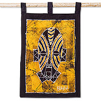 Cotton wall hanging, 'Grateful Visage' - Hand-Painted Yellow Cotton Wall Hanging of African Mask