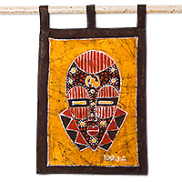 Cotton wall hanging, 'Golden Silence' - Cotton Wall Hanging of African Mask in a Warm Palette