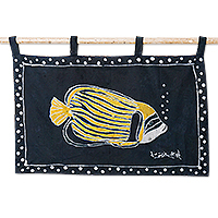 Cotton wall hanging, 'Night Bubbles' - Handcrafted Cotton Wall Hanging of Fish in Black and Yellow