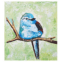 'Blue Bird' - Acrylic Impressionist Style Painting of Bird on A Branch