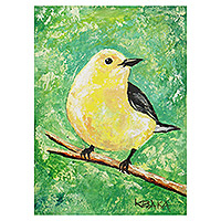 'Warbler' - Pintura impresionista de pájaros en acrílico en tonos amarillos y verdes