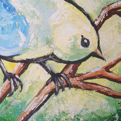 'Yellow Bird II' - Pintura acrílica impresionista de un pájaro en una combinación de colores geniales