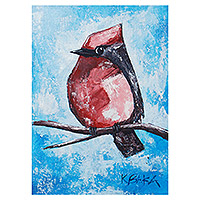 'Scarlet Flycatcher' - Pintura impresionista acrílica de pájaros en tonos rojos y azules