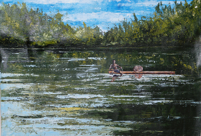'Akosombo Fisherman' - Acrílico sobre lienzo Pintura de estilo impresionista de pescador