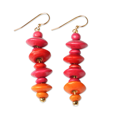 Wood beaded dangle earrings, 'Sweet Steps' - Handcrafted Vibrant Sese Wood Beaded Dangle Earrings