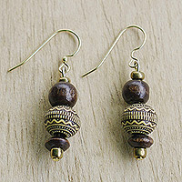 Beaded dangle earrings, 'Ancestral Dame' - Recycled Plastic and Sese Wood Beaded Dangle Earrings