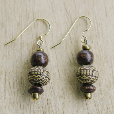 Beaded dangle earrings, 'Ancestral Dame' - Recycled Plastic and Sese Wood Beaded Dangle Earrings