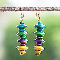 Wood beaded dangle earrings, 'colourful Steps' - Handcrafted colourful Sese Wood Beaded Dangle Earrings