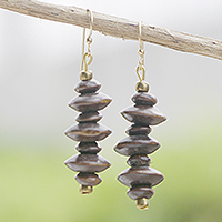 Wood beaded dangle earrings, 'Forest Milestones' - Handcrafted Sese Wood Beaded Dangle Earrings from Ghana