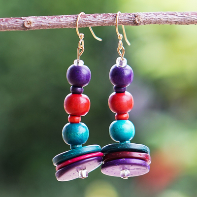 Wood beaded dangle earrings, 'Purple Style' - colourful Coconut Shell and Wood Beaded Dangle Earrings
