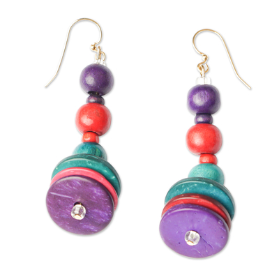 Wood beaded dangle earrings, 'Purple Style' - Colorful Coconut Shell and Wood Beaded Dangle Earrings