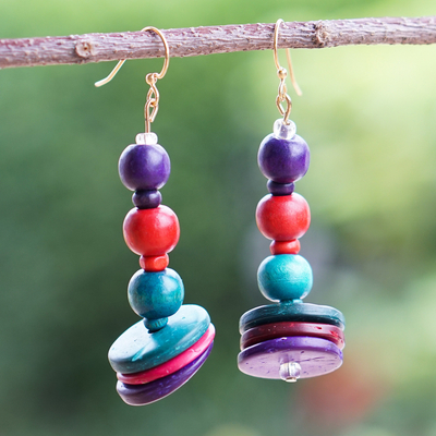 Wood beaded dangle earrings, 'Purple Style' - colourful Coconut Shell and Wood Beaded Dangle Earrings