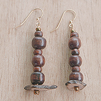 Wood beaded dangle earrings, 'Forest Blessing' - Handcrafted Sese Wood and Coconut Beaded Dangle Earrings
