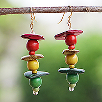 Wood beaded dangle earrings, 'Lights of Joy' - Handcrafted Coconut Shell and Wood Beaded Dangle Earrings