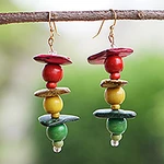 Handcrafted Coconut Shell and Wood Beaded Dangle Earrings, 'Lights of Joy'