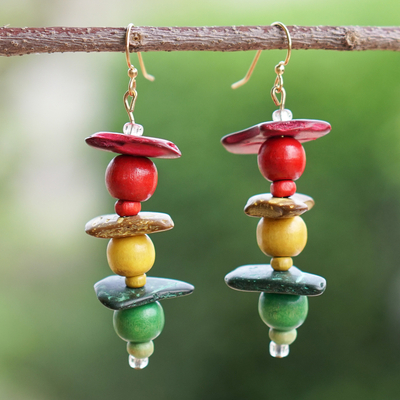 Wood beaded dangle earrings, 'Lights of Joy' - Handcrafted Coconut Shell and Wood Beaded Dangle Earrings