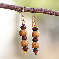 Wood beaded dangle earrings, 'Yaba' - Handcrafted Sese Wood Beaded Dangle Earrings from Ghana