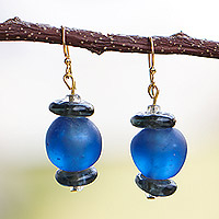 Recycled glass beaded dangle earrings, 'Adom Nkoaa'