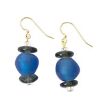 Recycled glass beaded dangle earrings, 'Adom Nkoaa' - Handcrafted Blue and Black Glass Beaded Dangle Earrings