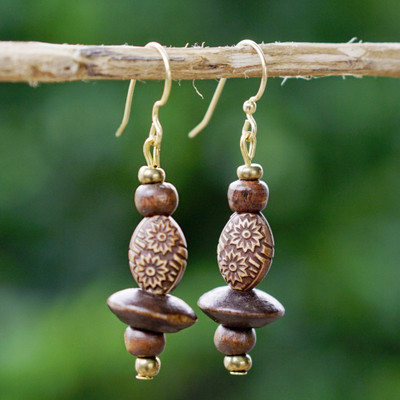 Wood beaded dangle earrings, 'Wooden Garden' - Floral Sese Wood Beaded Dangle Earrings from Ghana