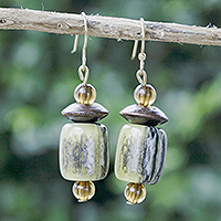 Glass beaded dangle earrings, 'Eco Elegance' - Eco-Friendly Glass and Sese Wood Beaded Dangle Earrings