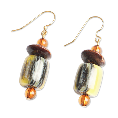 Glass beaded dangle earrings, 'Eco Elegance' - Eco-Friendly Glass and Sese Wood Beaded Dangle Earrings