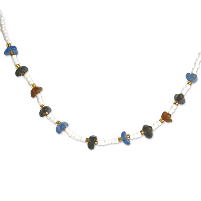 Recycled glass and plastic beaded necklace, 'Blue Sensations' - Handcrafted Recycled Glass and Plastic Beaded Necklace