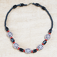 Recycled plastic beaded necklace, 'Ancient Passion' - Handcrafted Black and Red Recycled Plastic Beaded Necklace