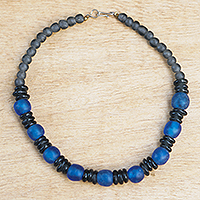 Recycled glass beaded necklace, ' Adom Nkoaa' - Handcrafted Blue and Black Glass Beaded Necklace
