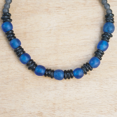 Recycled glass beaded necklace, ' Adom Nkoaa' - Handcrafted Blue and Black Glass Beaded Necklace