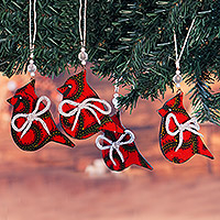 Cotton ornaments, 'Vibrant Birds' (set of 4) - Set of 4 Handcrafted Red Cotton Bird Ornaments from Ghana