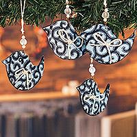 Cotton ornaments, 'Blue Loofolo' (set of 4) - Set of 4 Handcrafted Blue Cotton Bird Ornaments from Ghana