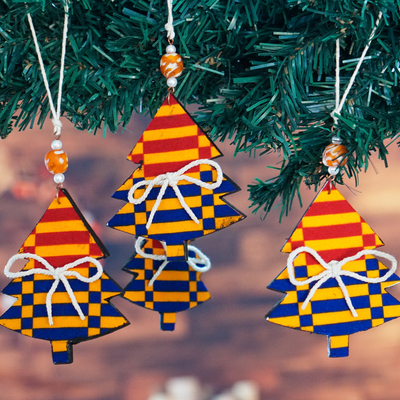 Cotton ornaments, 'Forest Party' (set of 4) - Set of 4 Handcrafted Eco-Friendly Tree-Shaped Ornaments