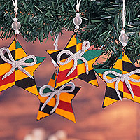 Cotton ornaments, 'Constellation Festival' (set of 4) - Set of 4 Handcrafted Colorful Cotton Star Ornaments