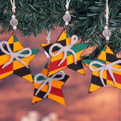 Cotton ornaments, 'Constellation Festival' (set of 4) - Set of 4 Handcrafted colourful Cotton Star Ornaments