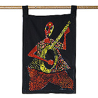 Cotton batik wall hanging, 'Alone with Music' - Warm-Toned Cotton Batik Wall Hanging of a Guitar Player