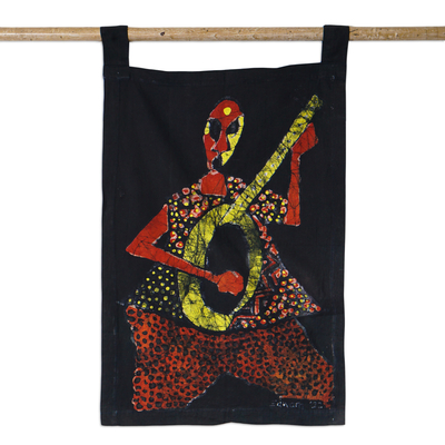 Colgante de pared de batik de algodón - Batik de algodón en tonos cálidos para colgar en la pared de un guitarrista