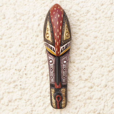 African wood mask, 'Vivacious Facet' - African Sese Wood Mask with Aluminum and Brass Accents