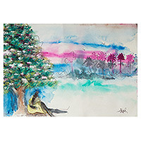 'Lonely Paradise' - Signed Watercolor Painting of Ethereal Landscape