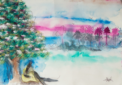 'Lonely Paradise' - Signed Watercolor Painting of Ethereal Landscape