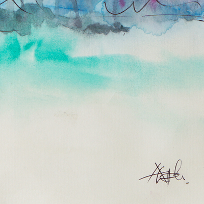 'Lonely Paradise' - Signed Watercolor Painting of Ethereal Landscape